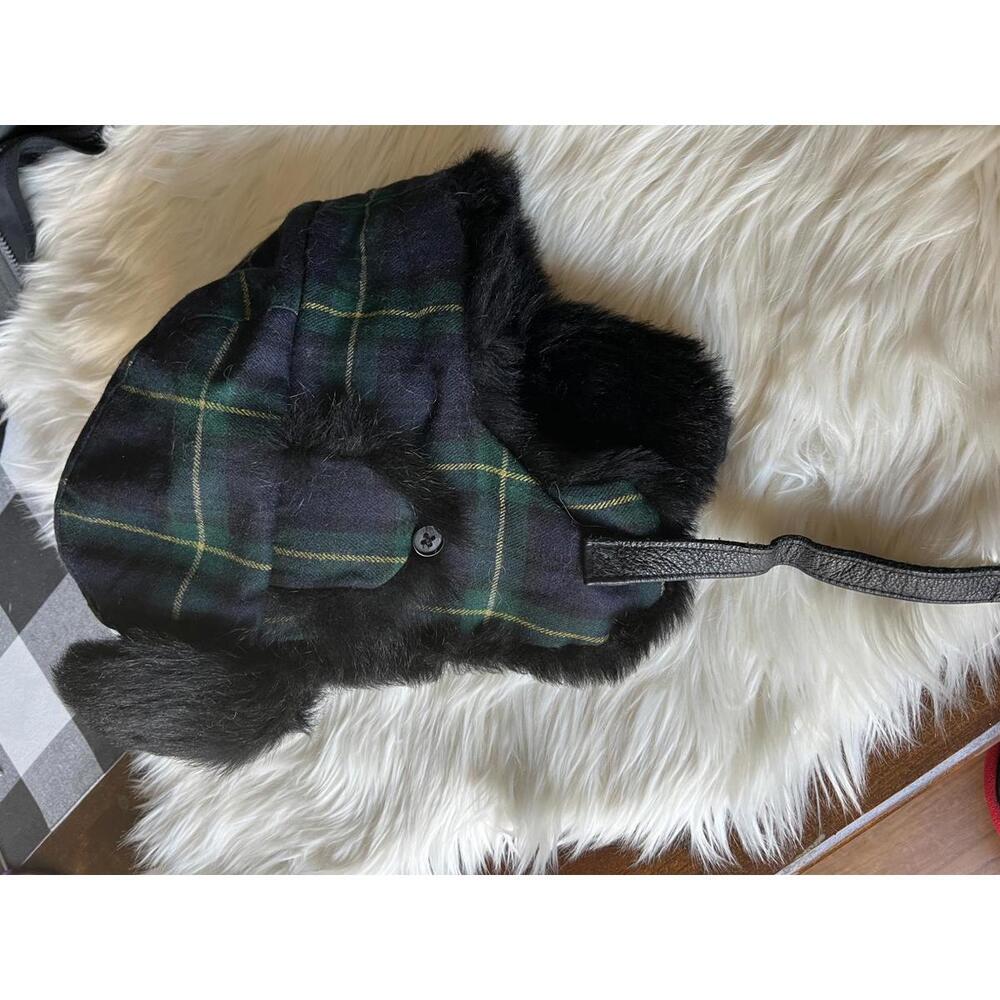 J Crew Green and Navy Plaid Fur-Lined Trapper Hat with Ear Flaps